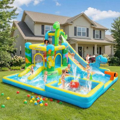 Inflatable Water Slide,13 In 1 Dinosaur Themed Bounce House Water Park For Kids 3-12 With Dual Big Splash Pool&Long Slide