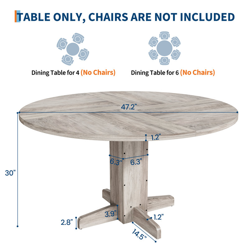 Round Dining Table for 4-6 People, 47" Wood Kitchen Table with Sturdy Pedestal Base, Farmhouse Dinner Tables for Dining Room, Kitchen, Living Room, Grey