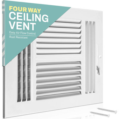 Ceiling Register - Air Vent Covers - 6X6 Inch 4-Way White Grille Register Cover with HVAC Heat and Cold Air Conditioner