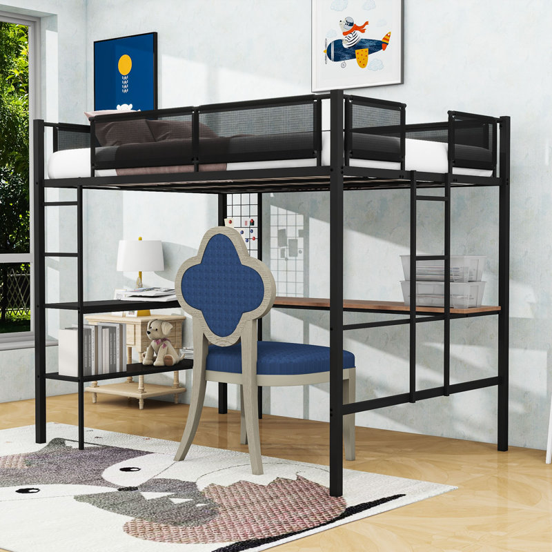 Full Size Metal Loft Bed With Built-In Ladders, Shelves And Guardrails