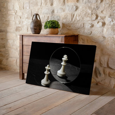 Canvas A Minimalist Composition Featuring A Single White Chess Pawn And Wall Art A White King Both Set Against A Stark Black Canvas Wall Art