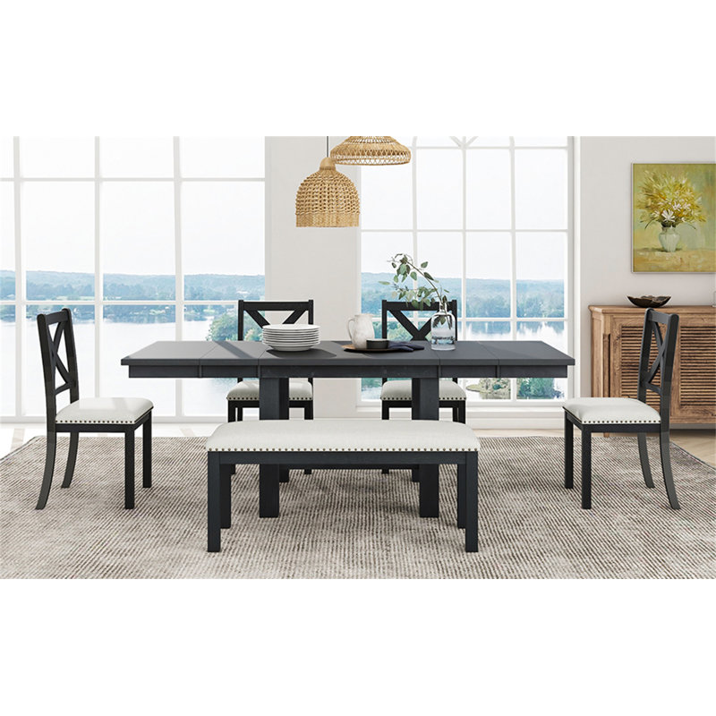 Table de salle à manger extensible Farmhouse 82 pièces 6 pièces avec repose-pieds, 4 chaises rembourrées et banc, 2 rallonges amovibles 11 po