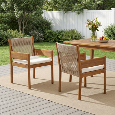 Celia Modern Coastal Acacia Wood Arm Dining Chair with Woven Rope Back & Cushion