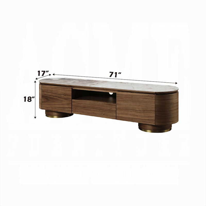 Meuble télé Willene avec plateau en céramique scandinave et rangement en chêne foncé