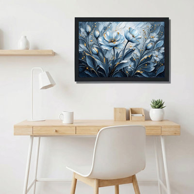 Fleurs bleues avec accents dorés et peinture épaisse texturée sur toile