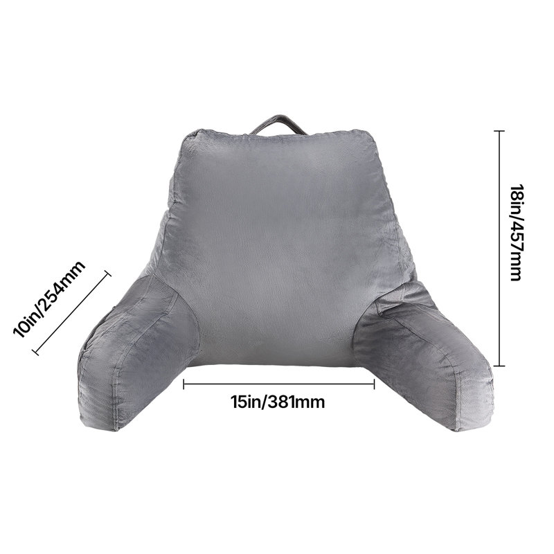 Reading Pillow, Standard Size Bed Pillow with Shredded Memory Foam, Back Pillow with 3 Pockets and Washable Short Velvet Cloth, Top with Handle, for Watching TV, Reading, Gaming, Resting, Grey