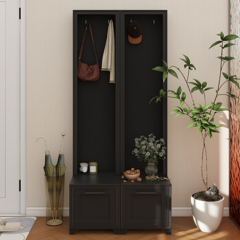 Elegant Free Standing Hall Tree Set Of 2, Multifunctional 3-IN-1 Entryway Coat Rack With Black Retro Handles, Seating Bench With Storage Drawers For Hallway, Living Room, 31.4"W*70.8"H