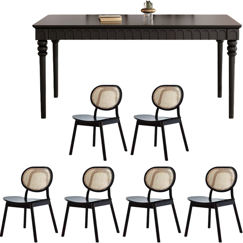 Retro Black Rectangular Solid    Wood Dining Set, 29.5"H x 59.1"L x 37.4"W