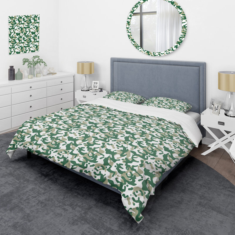 Green And White Camouflage Camouflage Duvet Cover, King Duvet Cover + 2 King Shams