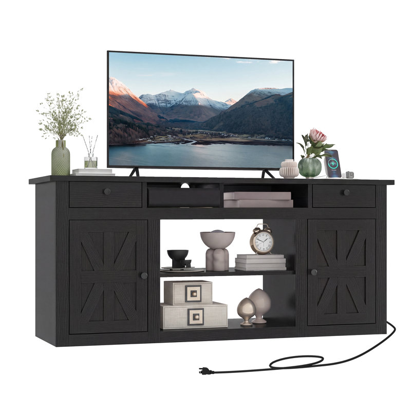 Farmhouse 59"W Tv Stand For Tvs Up To 70", Entertainment Center With Power Outlet, Tv Console, Black, 30" H x 59" W x 15.5" D