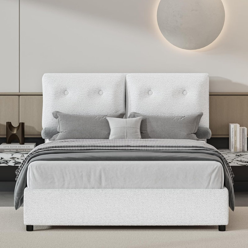 Bed Frames with Headboard, Boucle Bed Frame with Upholstered Headboard, Removable Upholstery, Wooden Slats Support, No Box Spring Needed