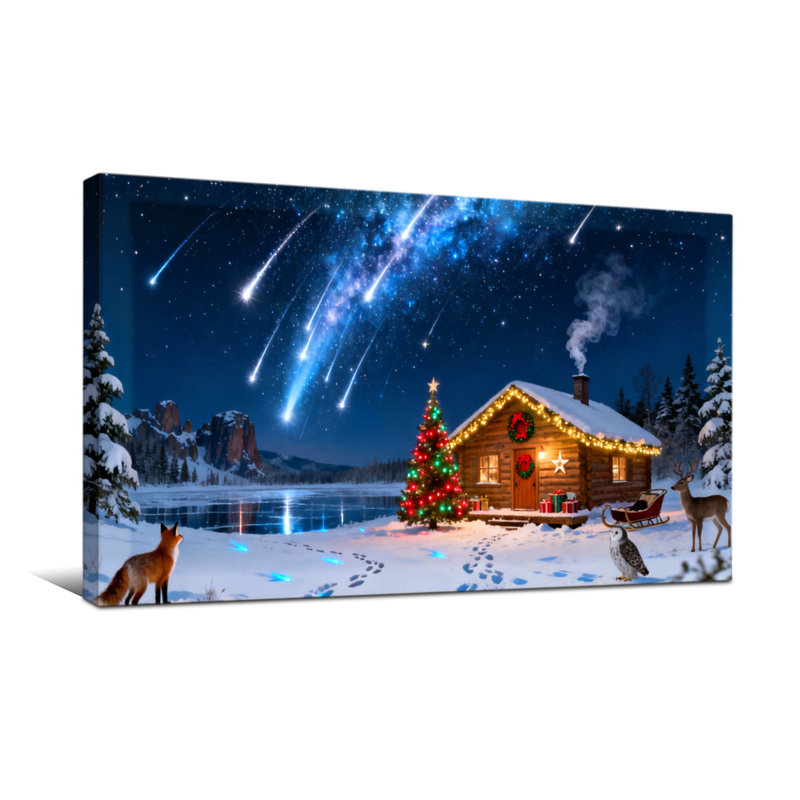 Noël, cabane de Noël, nuit de neige et pluie de météorites, H 20 po x l 40 po