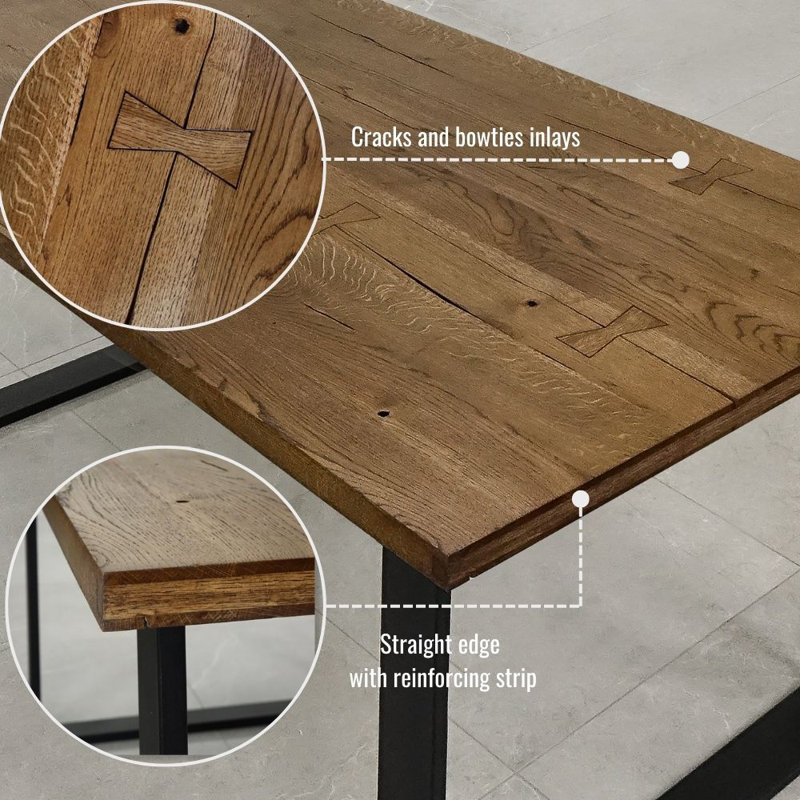 Marthasville Oak Solid Wood Top Metal Base Dining Table, 79H x 180L x 90W cm, Natural Oil