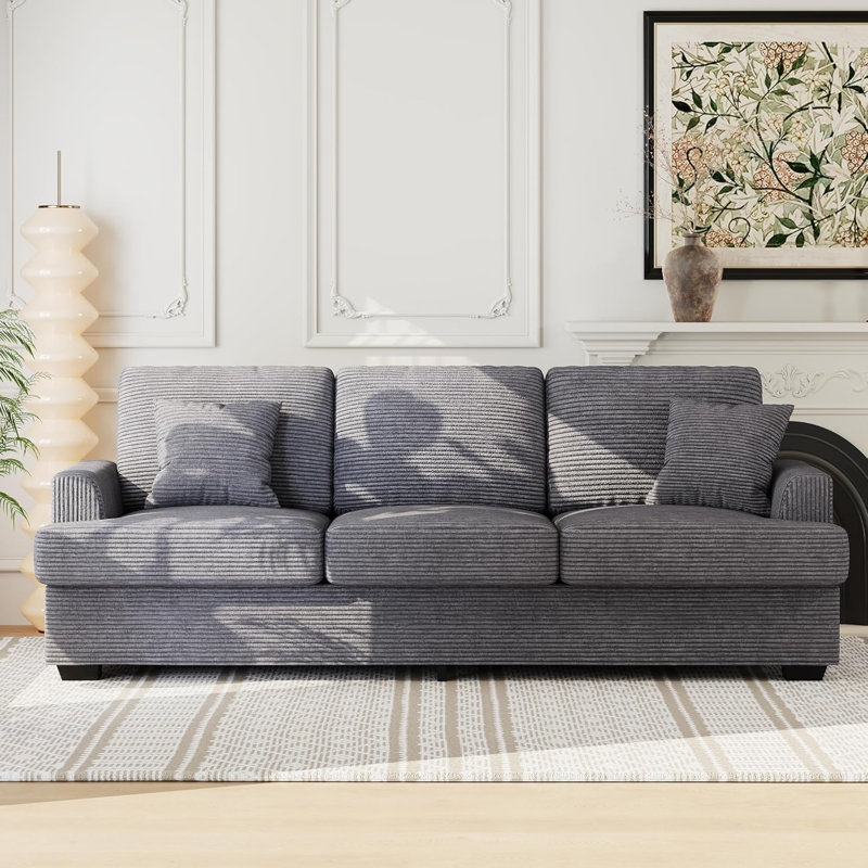Canapé moderne en velours côtelé 86 po avec 2 coussins décoratifs Modern, Gris