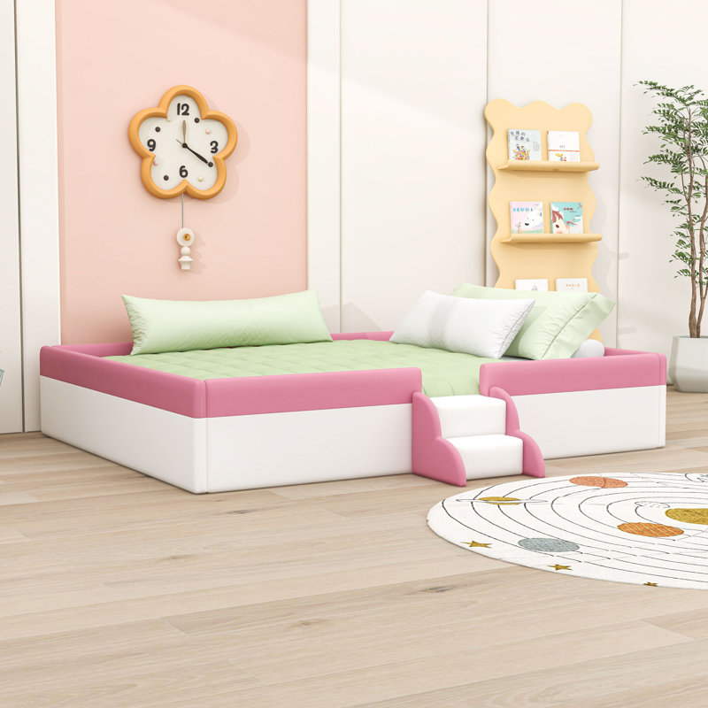 Upholstered Daybed with Staircase and Safety Fence, King, White Pink