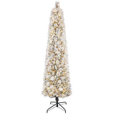 7.5FT Pre-Lit Pencil Christmas Tree | Artificial Snow Flocked , with 350 UL Listed Clear Lights and 496 branch tips | Indoor Outdoor Home Office Decoration | Stable metal bracket