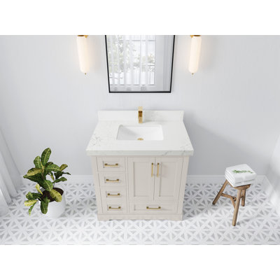 Boston 36 In. W X 22 In. D Center Sink Bathroom Vanity In Fine Grain With 2 In. Quartz