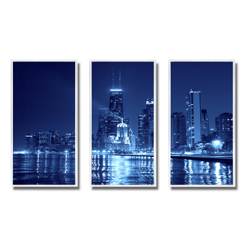 «Blue Chicago Skyline Night - Cityscape», ensemble d'art mural sur toile, L 36 po x H 28 po, Blanc