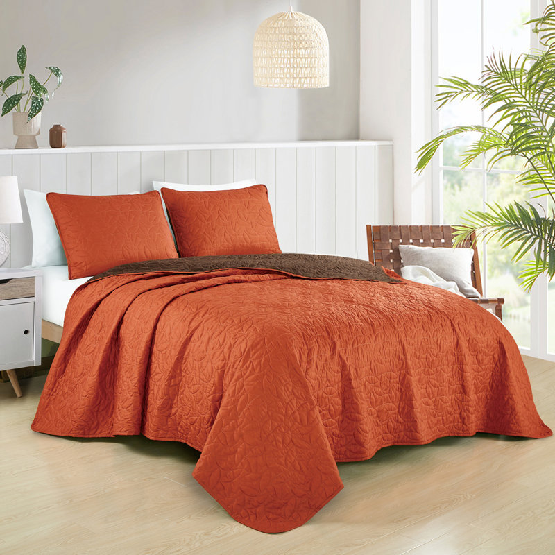 Polyester Coverlet, Queen Coverlet/Bedspread + 2 Standard Shams, Orange/Brown