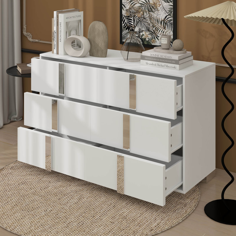 Commode à miroir avec 6 tiroirs, armoire de rangement élégante pour table d'appoint moderne avec poignée en métal, Blanc