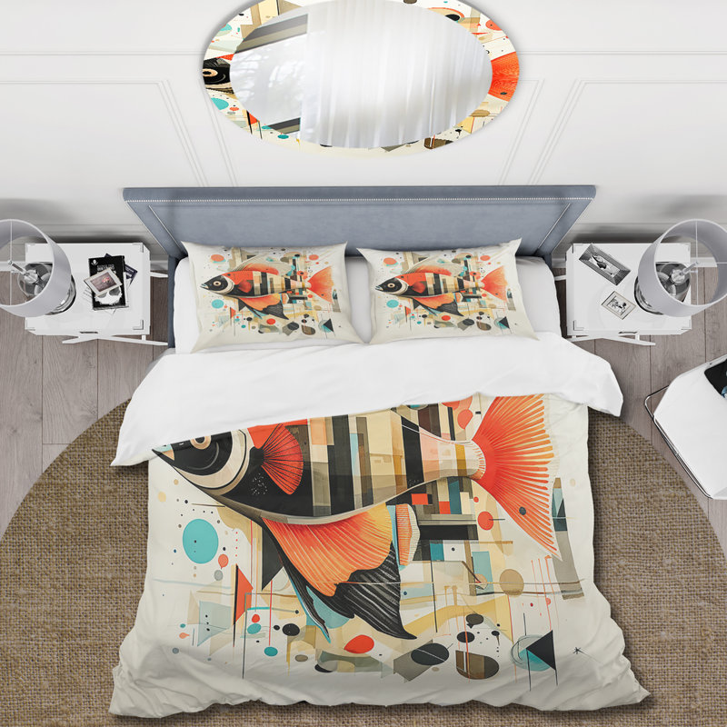 Ensemble de housse de couette Red Art Deco Fish Collage - Beach People, Housse de couette pour grand lit et 2 taies décor