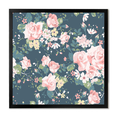 Roses rétro sur fond bleu marine - Impression sur toile
