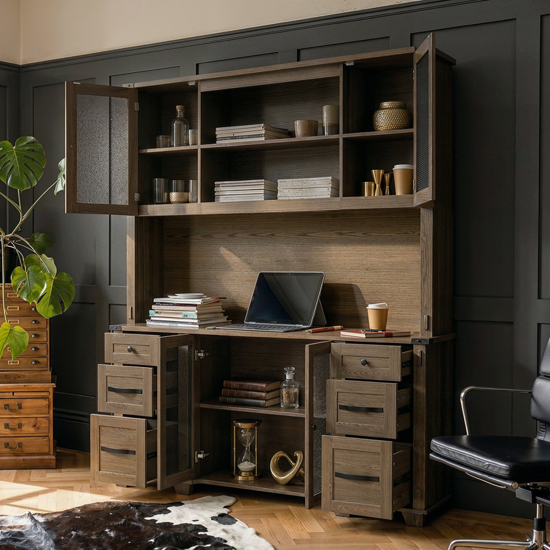 78.7" H Bookcase With Adjustable Shelves, Drawers & Cabinet Doors