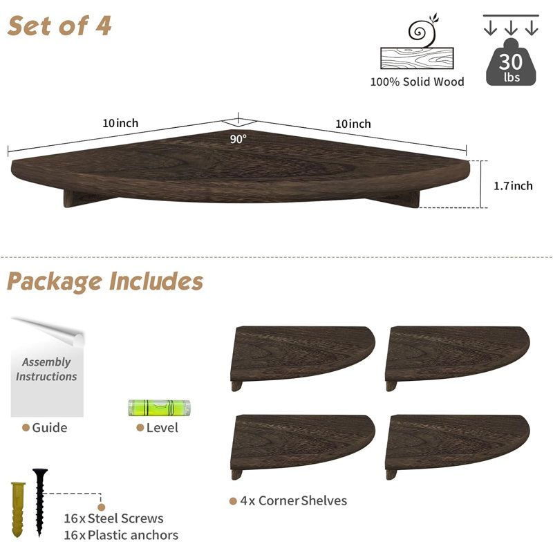 Floating Corner Shelves For Wall Set Of 4, Small Corner Bookshelf For Bedroom Books, Round Wooden Corner Shelf Wall Mount  (Dark Brown)