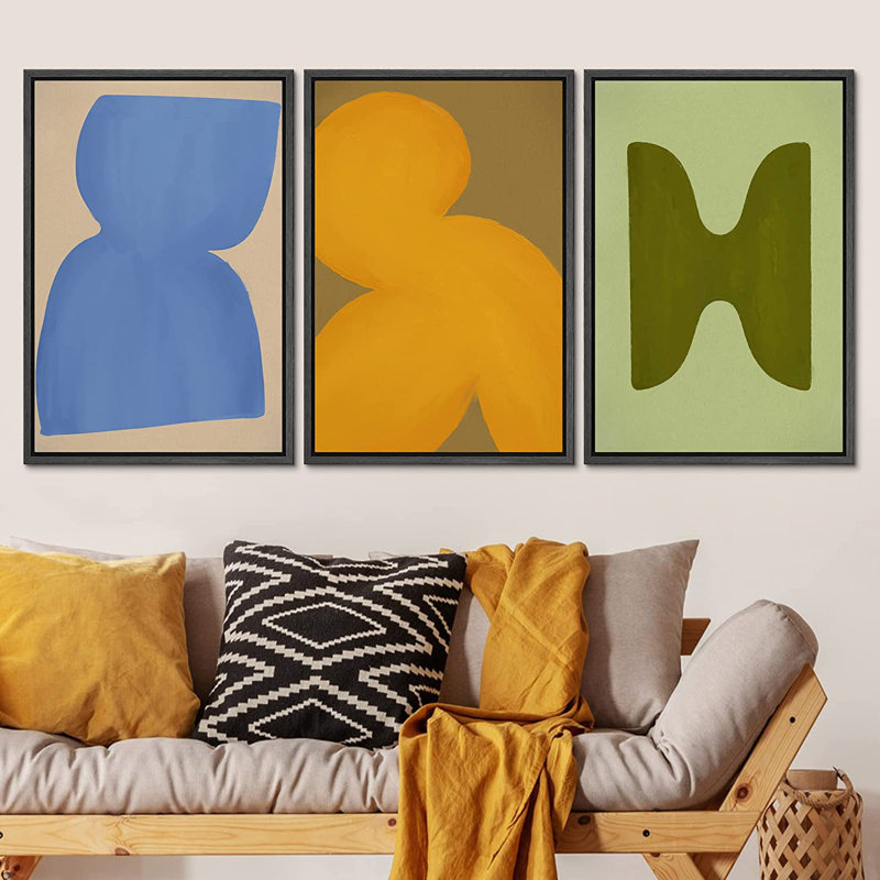 Vibrant Mid-Century Polygon Variété, formes abstraites, ensemble d'illustrations sur toile flottante 3 pièces, Noir