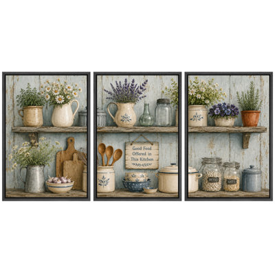 Tablette de cuisine rustique avec ustensiles de cuisine fleurs et citation de bonne nourriture, images de cuisine, impression sur toile encadrée, 3 pièces