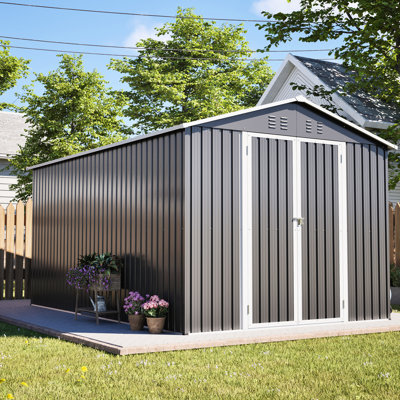 Abri de jardin 2,4 x 3,7 m (8 x 12 pi), gris, en métal, avec porte verrouillable, cadre en aluminium, grand espace de rangement pour vélos, double accès, idéal pour ranger outils et autres objets.