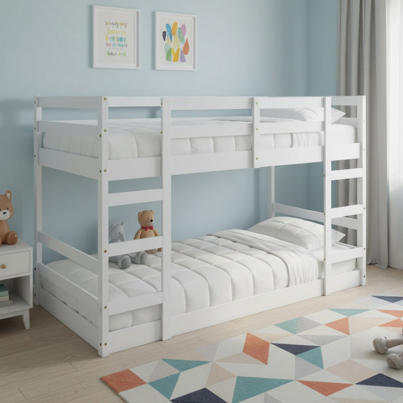 Lit superposé simple au-dessus de simple en bois massif avec échelle pour garçons et filles, Simple sur simple, White