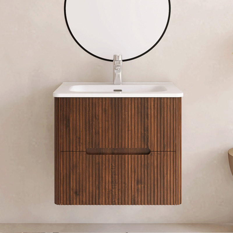Ensemble de meuble-lavabo mural 24 po avec comptoir intégré en céramique, Noyer
