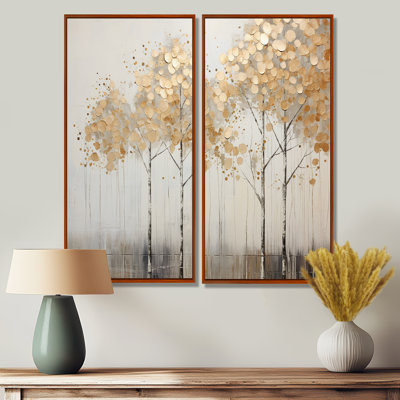 Minimalism Golden Trees Tranquility - Beige Wall Art
