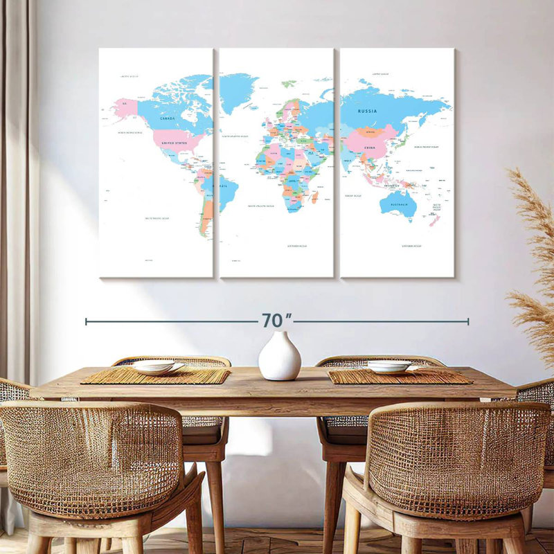 Carte du monde des pays pastel, H 42 po x l 65 po