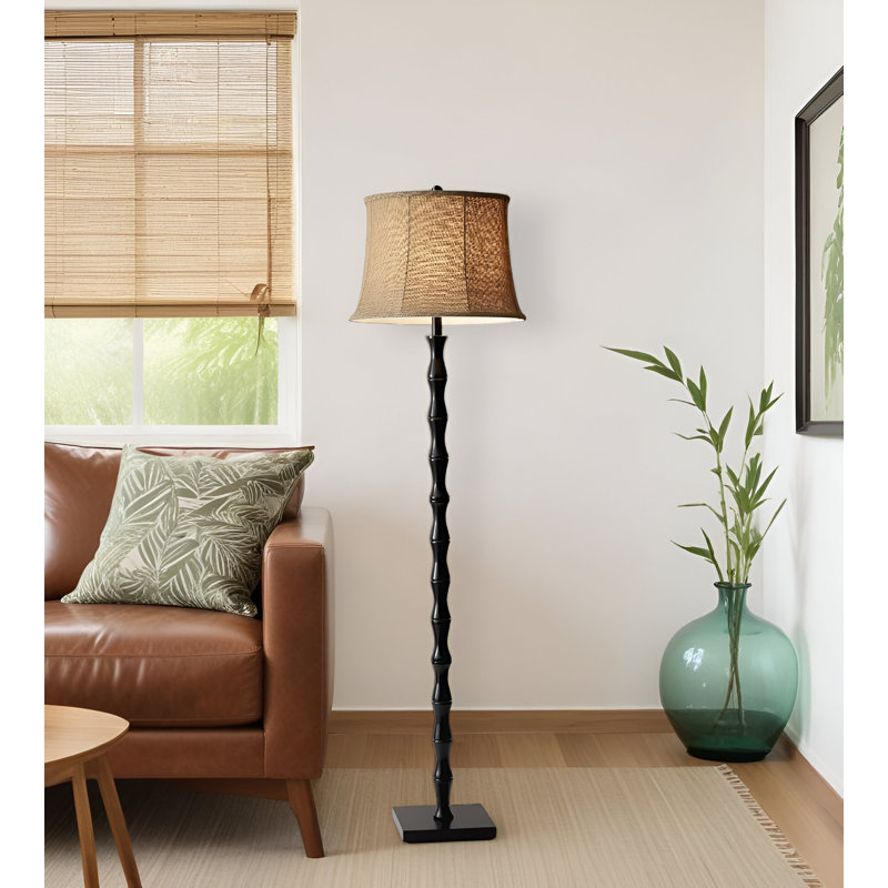 Postma 62" Black Textured Pole Floor Lamp With Beige Burlap Shade