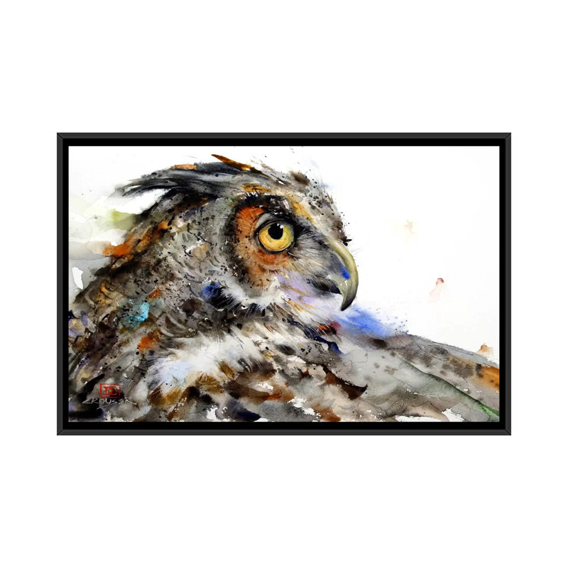 «Owl II», peinture sur toile tendue, H 18 po x l 26 po x P 1,5 po, Toile encadrée noire, Pas de tapis
