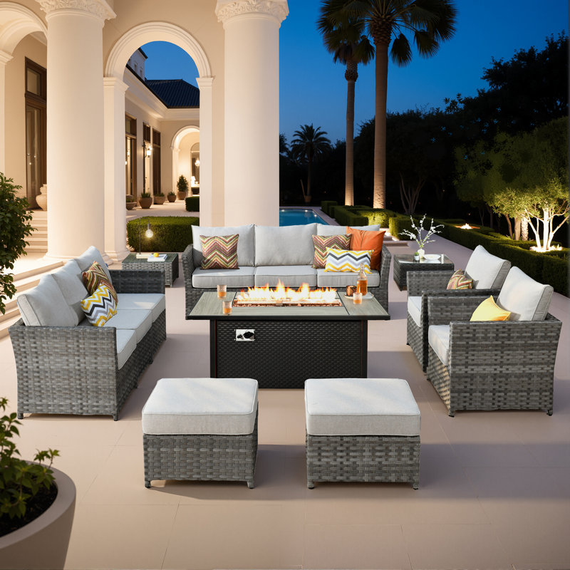 10 - Person Mostly No Assembly Required Patio Furniture Set, Outdoor Wicker Rattan Sectional Seating Group With Cushions, All Weather Sofa Conversation Set With Fire Pit Table For Garden Backyard