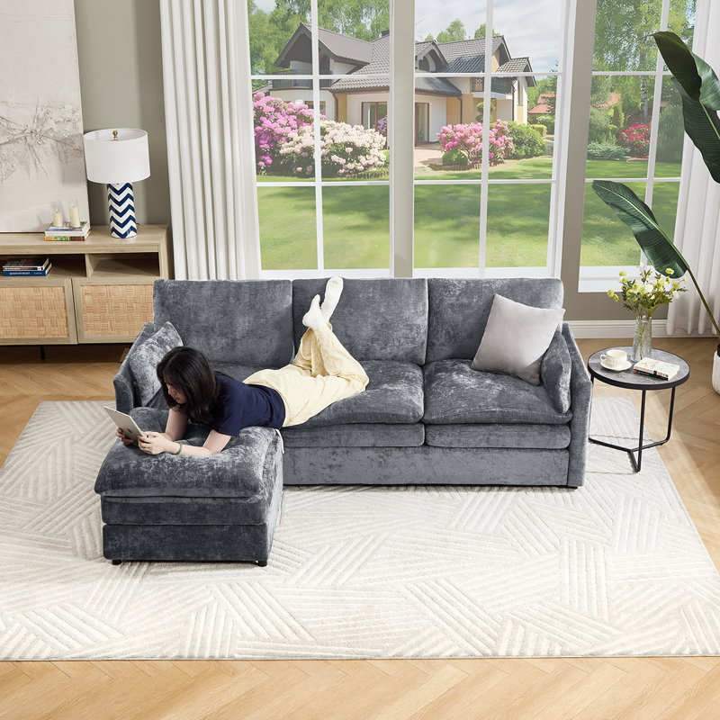 Ensemble de salon rembourré en forme de L 2 pièces avec repose-pieds Drago, Gris