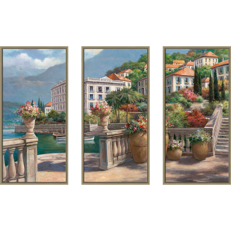Lago Di Como - 3 pièces, peinture sur toile à cadre flottant, L 52,5 po x H 33,5 po