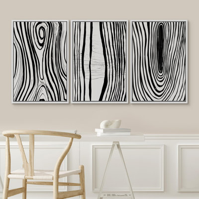 Linear Geometry " Gray and Black Mid-Century Geometric Spiral Ring Landscape Abstract Illustration Modern Ultra " 3 Piece Art Print