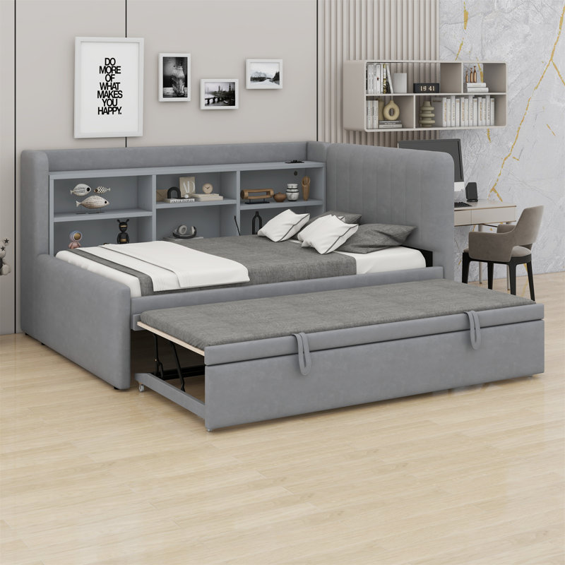Upholstered Daybed With Trundle, Storage Shelves, USB & Outlet, Gray