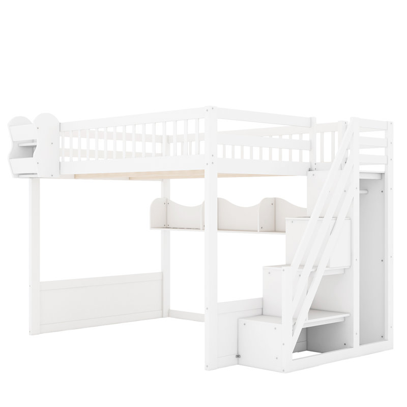 Lit mezzanine avec tablettes ouvertes et garde-robe, White