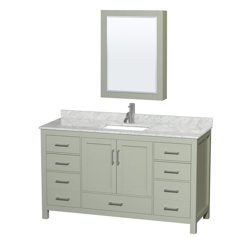 Sheffield 60" Freestanding Single Bathroom Vanity with Marble Top with Medicine Cabinet, Brushed Nickel, Light Green