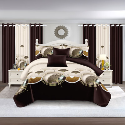 Ensemble de literie et de rideaux 9 pièces, couvre-lit matelassé à motif de feuilles de ginkgo brun espresso avec 6 panneaux de fenêtre assortis et 2 taies décoratives, couvre-lit toutes saisons en microfibre