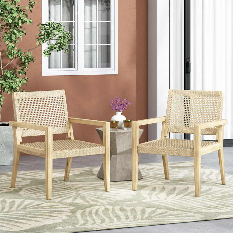 JYH 2-Pcs Outdoor Dining Chair Set - Acacia Wood Slat Chairs With Waterproof Cushion, Outdoor Modern Upholstered Curved Back Side Chair