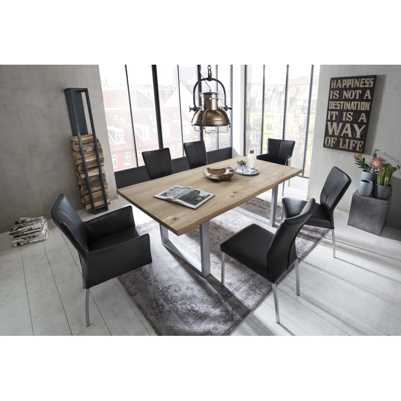 Brigham Oak Solid Wood Top Metal Base Dining Table, Matt Brushed Nickel, H76 x L140 x W80cm