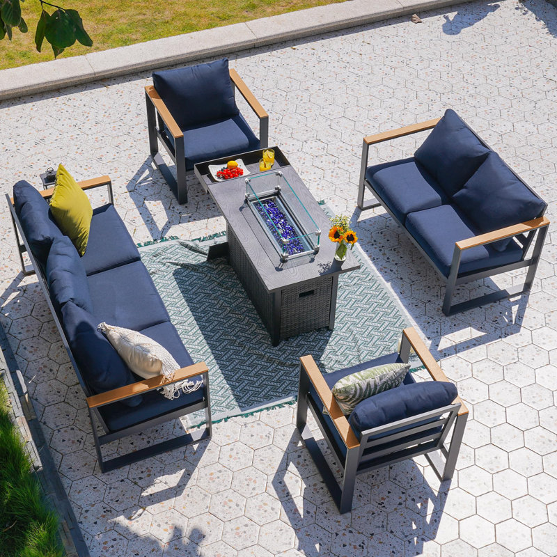 Outdoor 5-piece Patio Furniture Set With Fire Pit Table, 7-person Seating Sofa Set, Blue