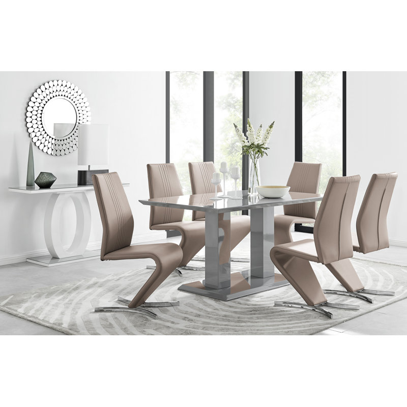 Edzard Double Pedestal High Gloss Dining Table Set with 6 Luxury Faux Leather Dining Chairs, Cappuccino