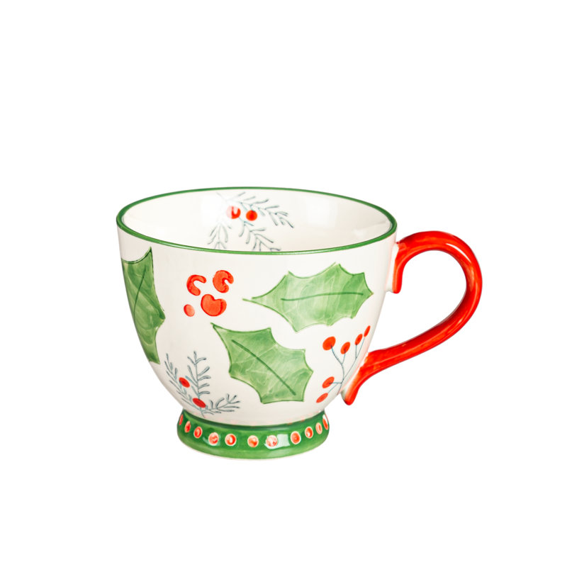 14 oz tasse de céramique peinte à la main, houx